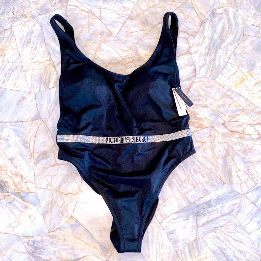 New Victoria's Secret Shine Logo‎ Strap Black One-piece Swimsuit Large